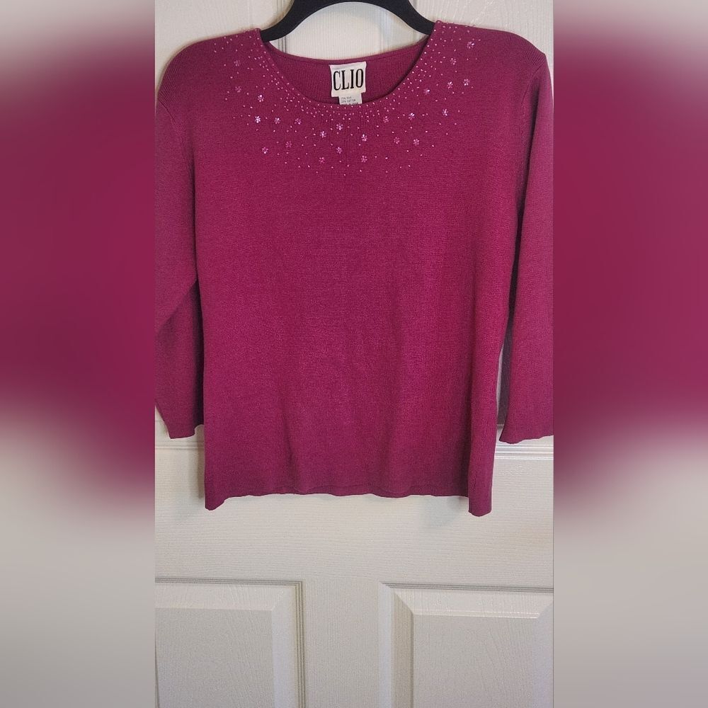 Vtg Clio L Rouge Pink 3/4 Slv SILK Blend Embellished Neckline Knit Women Sweater